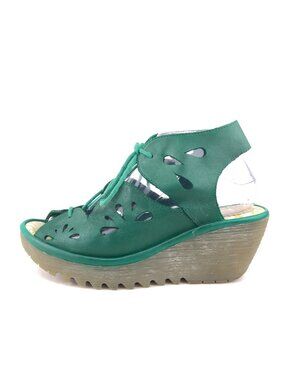 Fly London Yote Green Leather Wedge Sandals EUR 39